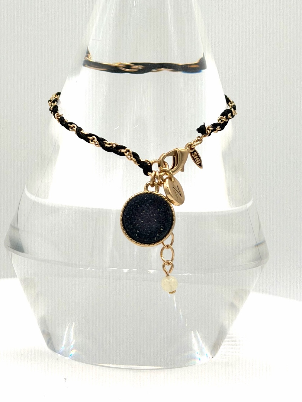 SHB SHOFEL BROS Black Druzy Letter “N” Charm Gold Tone Bracelet Woman’s Jewelry